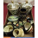 Pair of late C20th Oriental style crackleware lidded vases, C20th Cloisonne ware dressing table