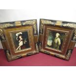 Pair of C18th style framed portraits, one of a lady in a large hat with white feathers, and