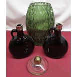 Pair of C19th brown glass spirit decanters (no stoppers), green glass vase and C19th glass inkwell