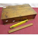 Stained pine table box with hinged top made from packing crates, advertising details for Teacher