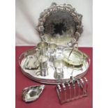 C20th silver plated gallery tray, overall L43cm, Geo. II style silver plated salver, seven bar