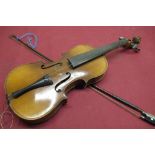 C20th violin with two piece back and bow, interior labelled Antonius Stradivarius Cremonsenis