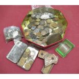 Selection of loose coinage together with a C19th treen stamp box with sliding lidand a Lillicraps