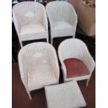 Set of four similar white painted Lloyd Loom style arm chairs and Lloyd Loom topped rectangular