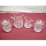 Waterford Crystal cut glass jug H14.5cm, cream jug and two preserve jars