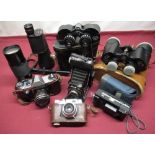 Selection various binoculars and cameras to include Zenith 10 x 50 field binoculars, Kinax camera,
