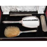 Mid century hallmarked Sterling silver engine turned four part brush set by W I Broadway & Co,