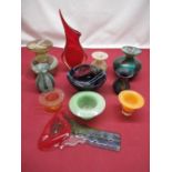 Murano Sommerso red glass vase H27cm, three Mdina glass vases and other art glass vases
