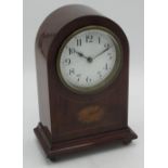 Early C20th French mahogany cased mantel timepiece, inlaid arched top mahogany case on shaped base