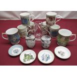 Selection of various Staffordshire French advert mugs, two Queen's mugs, one for Overland & Sea, the