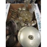 Edwardian silver plated biscuit barrel, silver plated six bottle cruet, toast rack and other