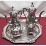 Four part silver plated tea set, with scroll handles, out splayed feet and pointed finials stamped