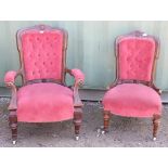 Late C19th button back upholstered armchair, H97cm, matching hall chair (2)