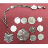 1914 - 1918 war medal awarded to 326353 GNR.N.B. Kinghorn R.A, silver hallmarked fob and watch chain