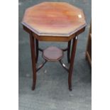 Edwardian mahogany inlaid octagonal two tier occasional table D52cm