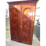 C19th mahogany two door wardrobe with fitted interior drawers and shelves, H194cm, W128cm (missing