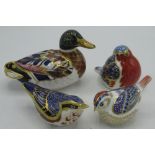 Four Royal Crown Derby birds paperweights incl. Mallard and Nuthatch etc, all with gold stoppers (4)