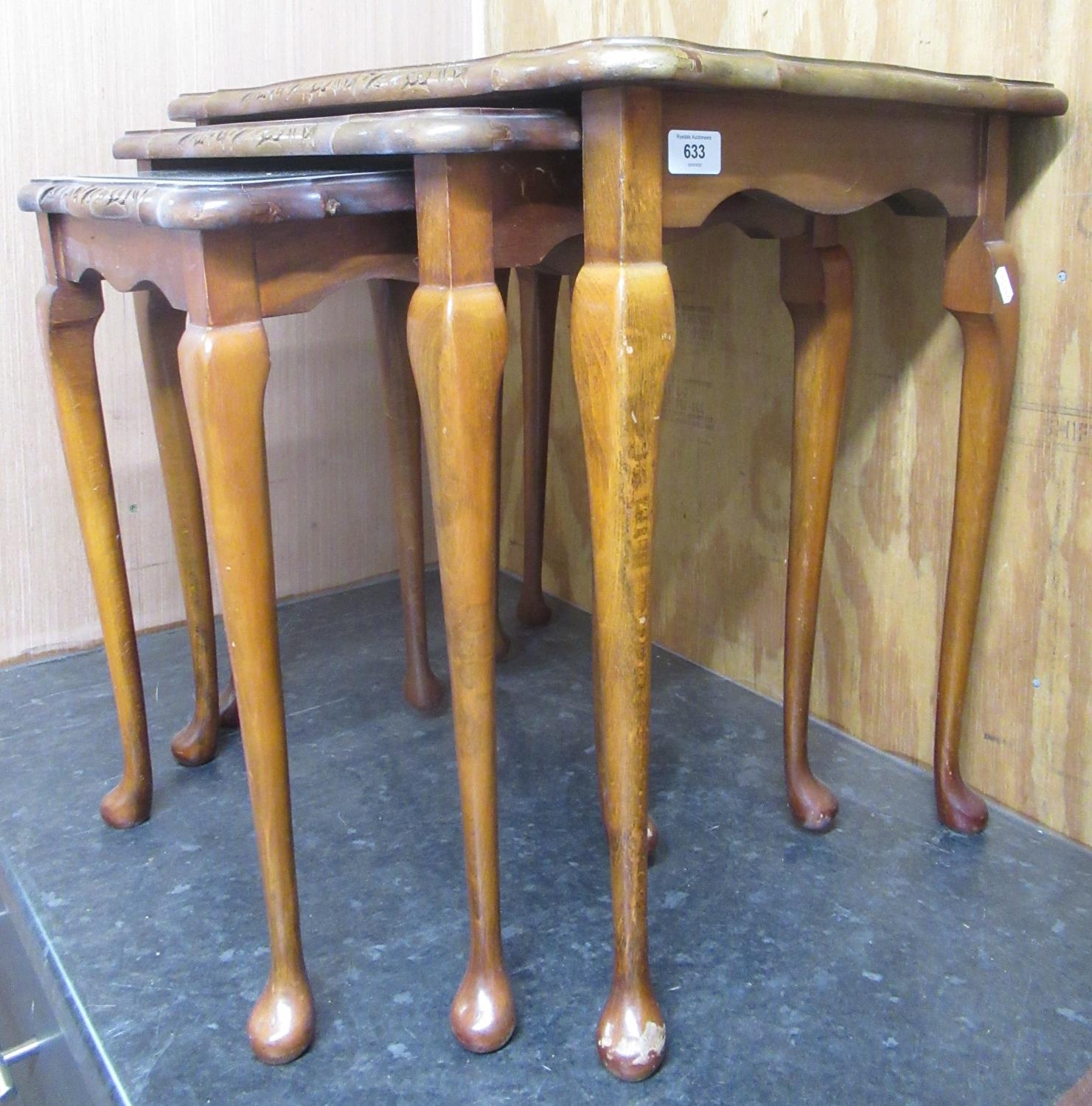 Nest of three occasional tables, shaped rectangular tops with inset glass panels on cabriole legs, - Image 2 of 2