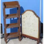 1930's walnut framed fire screen with arched silk and woolwork panel on cabriole legs, W49cm