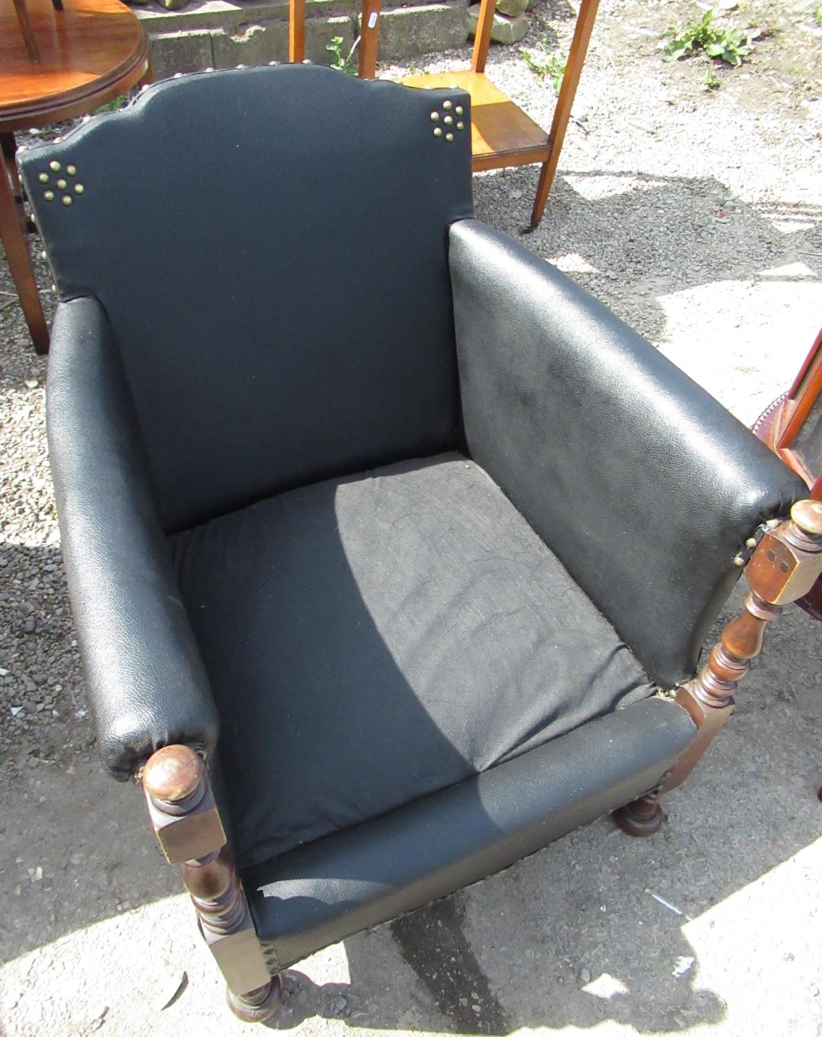 1930's brass nail rexine upholstered low armchair with turned arm supports on bun feet W66cm D65cm - Image 2 of 2