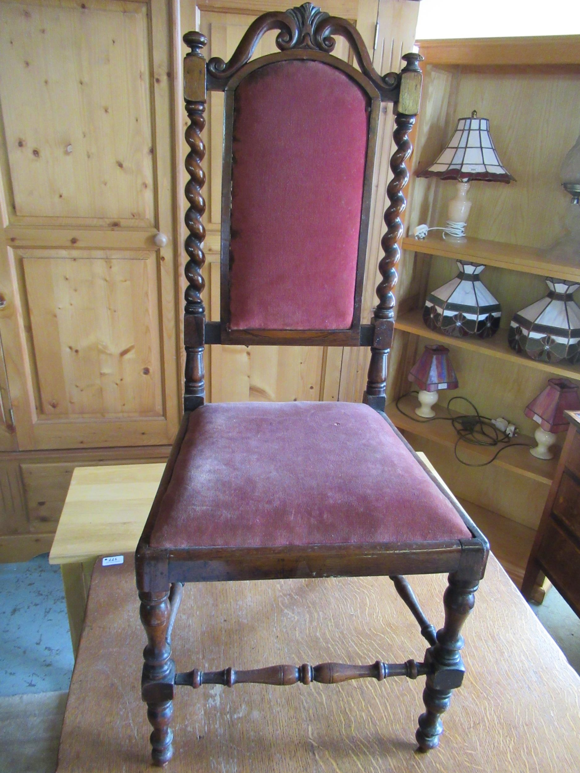 Victorian rosewood chair, arched back on barley twist supports, drop in seat on baluster turned