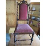 Victorian rosewood chair, arched back on barley twist supports, drop in seat on baluster turned
