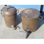 Early C20th copper cylindrical hot water boiler and cover with brass handles and tap, D44cm H35cm,