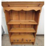 Small three tier pine wall shelf, moulded cornice and two spice drawers, W63cm D26cm H95cm