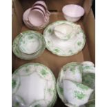 Foley China and Shelley green transfer printed part tea service, six cups, twelve saucers and eleven