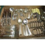 Collection of silver plate-ware including cutlery, toast racks, serving utensils, etc