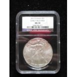 NGC MS70 graded 2012 early release USD $1 fine silver eagle dollar, slabbed and tagged
