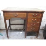 Edwardian satinwood strung mahogany single pedestal writing desk, with inset tooled top on square