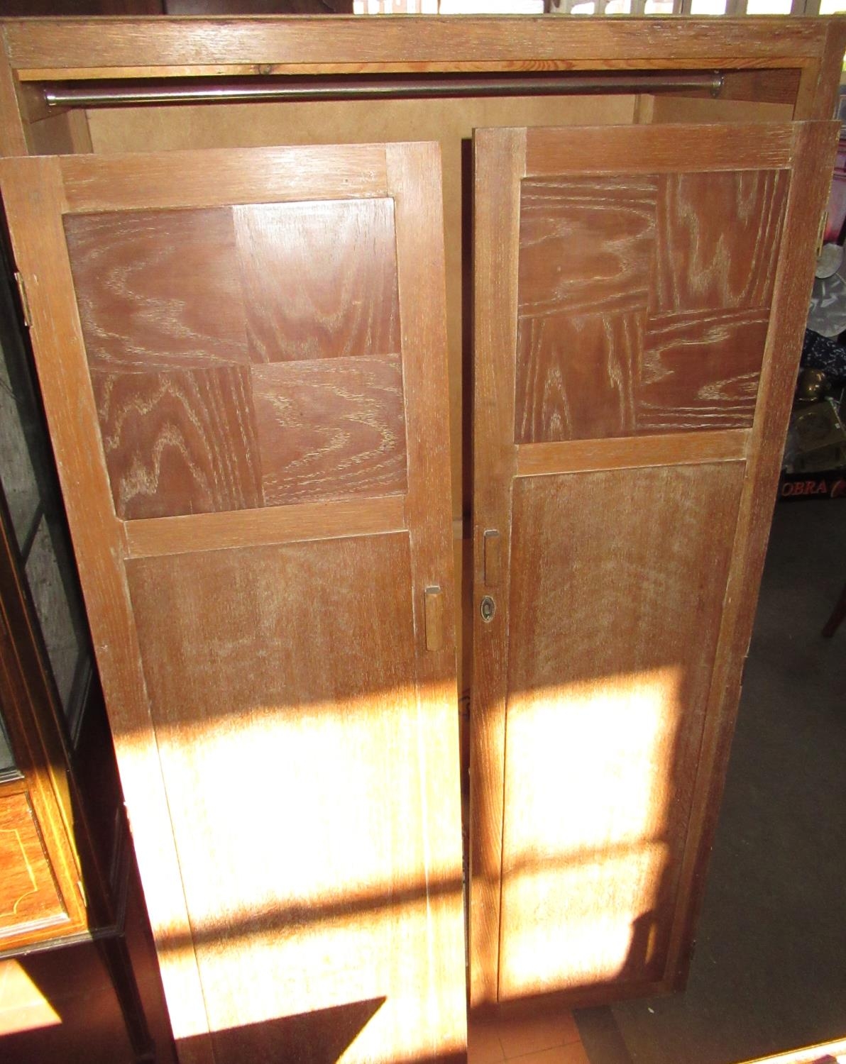 Stripped oak two door wardrobe, W90cm D46cm H164cm, and two wrought metal ceiling light fittings (3) - Image 2 of 2