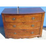 C19th mahogany bowfront chest of three long graduated cockbeaded drawers with oval brass handles,