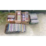 Five boxes of assorted vinyl records, CDs and DVDs, various genres incl. Classical, etc