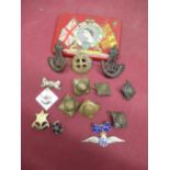 Collection of military badges including RAF sweetheart brooch stamped silver, two DLI cap badges,