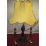 Rococo revival silver metal ceramic table lamp, cast with leaf and scrolls H60cm (A/F) and a pair of