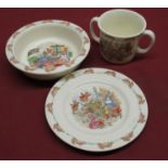 Royal Doulton Bunnykins pattern two handled mug, dish and plate (3)