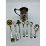 EPNS silver plated bright cut tankard, Set of three EPNS fiddle pattern teaspoons baring initial,