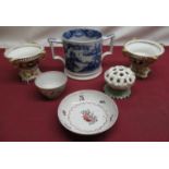 Late C18th Newhall porcelain tea bowl and saucer, pair of Crown Derby vases, lacking lids, large