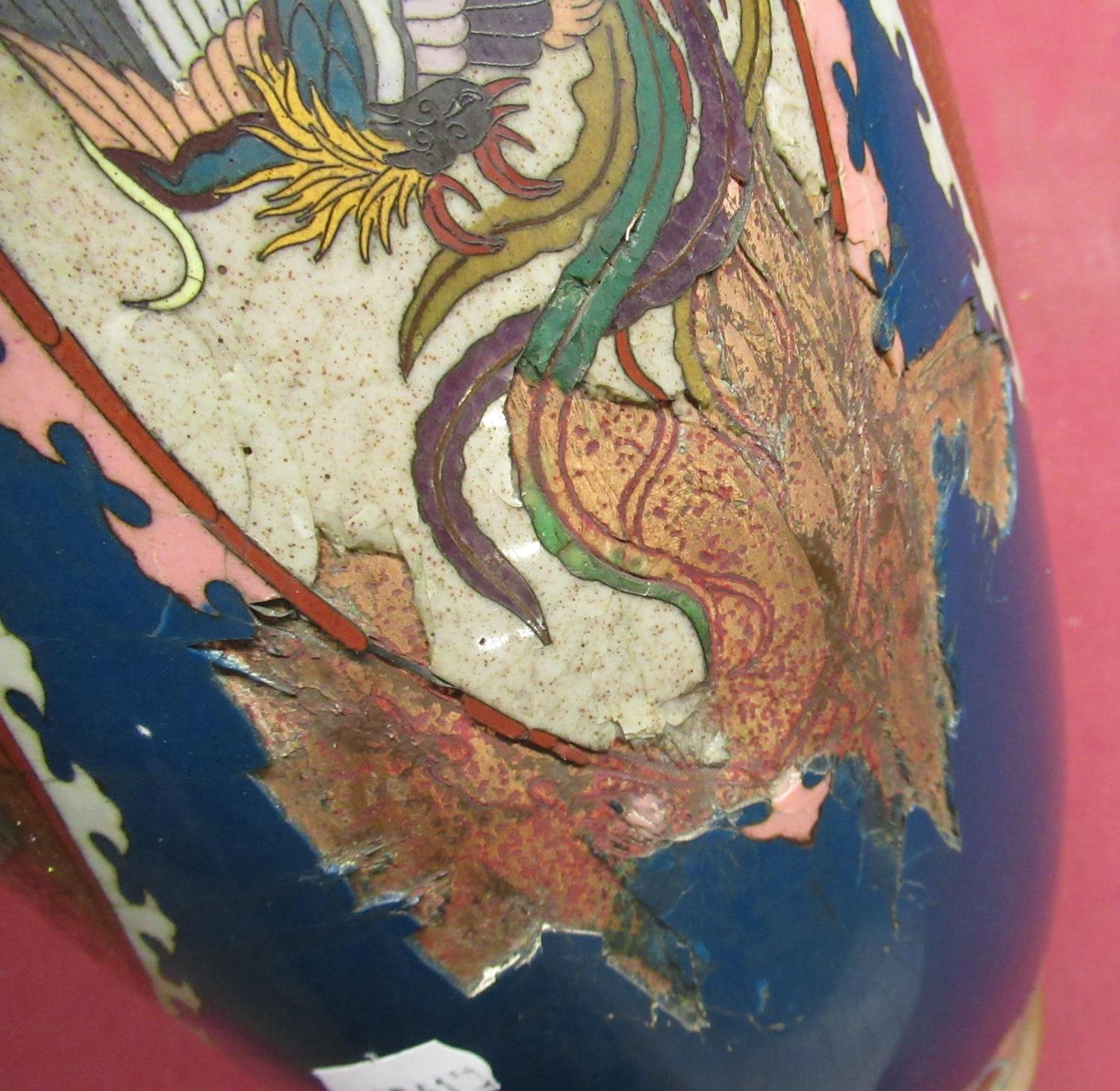 Early C20th Chinese Cloisonné ware vase of baluster design, mostly blue ground, alternating panels - Image 4 of 4