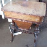 Victorian figured walnut rectangular sewing table, hinged top, fitted interior on vase turned column