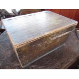 Vintage blue paper lined scumbled pine box, with angle front and hinged lid, max W58cm D45cm H34cm