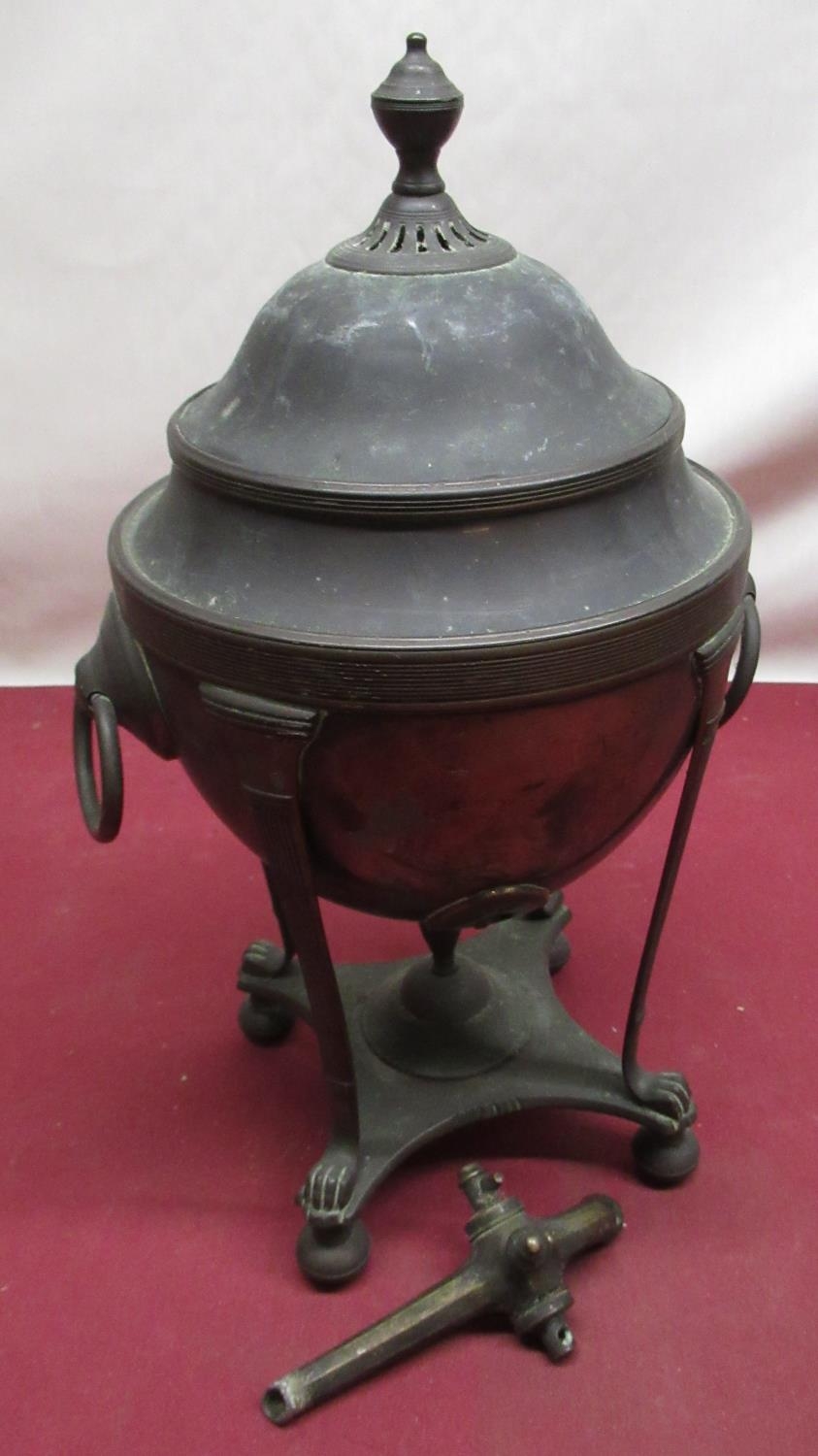 Small Regency style copper Samovar with brass tap on four supports with paw feet