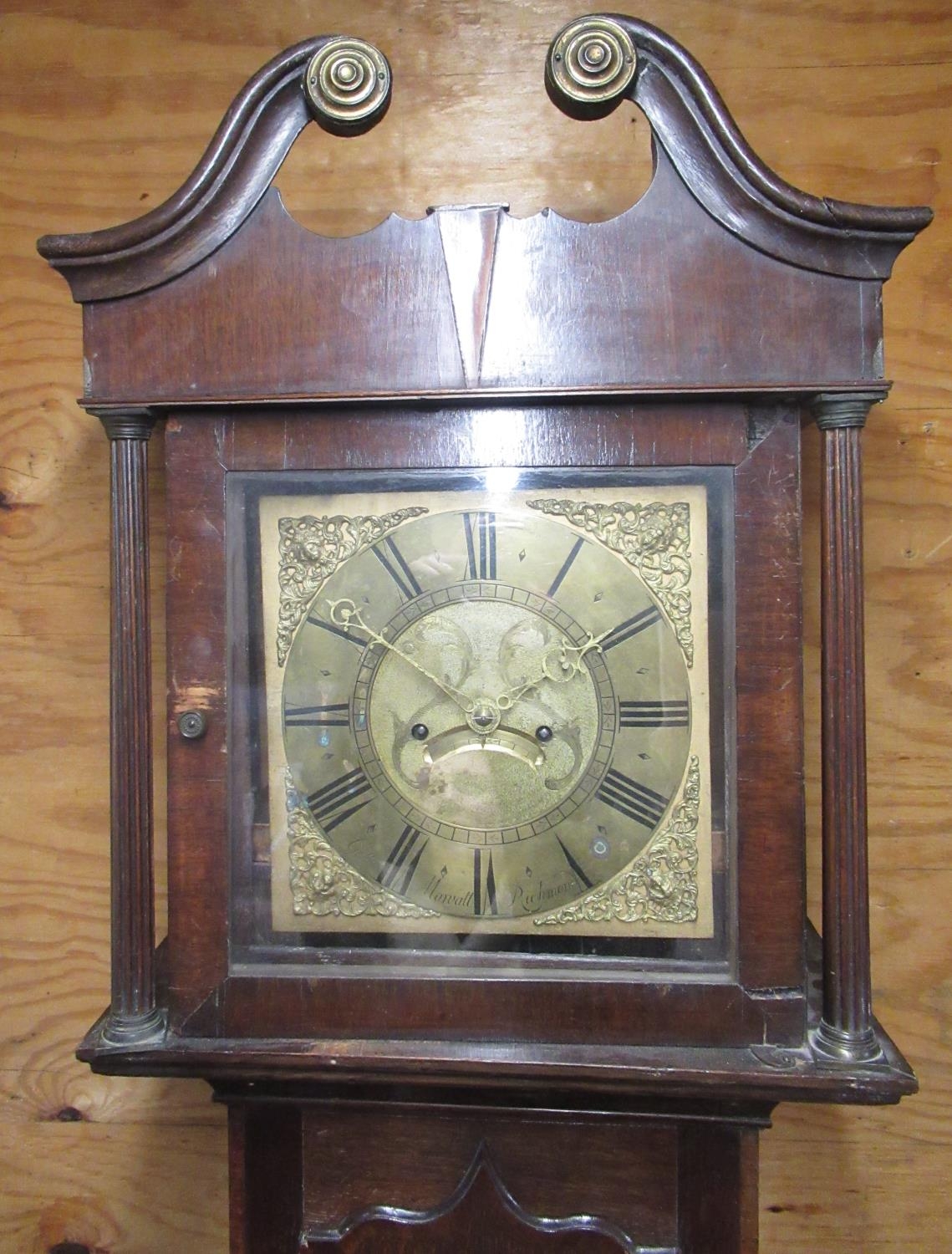 Geo. III mahogany crossbanded oak long cased clock, 11.5" square brass Roman dial inscribed Geo. - Image 3 of 4