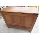 C20th stripped and waxed pitch pine mule chest with hinged lid, three panel front and one drawer