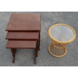 Nest of three teak rectangular tables on square supports and sledge feet, H50cm x D53cm x H46cm, and