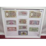 Framed and mounted display of various British military and armed forces occupation money including
