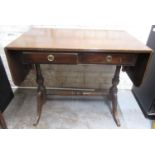 Strongbow furniture sofa table, reeded top with two leaves on turned supports with stretcher, W140cm