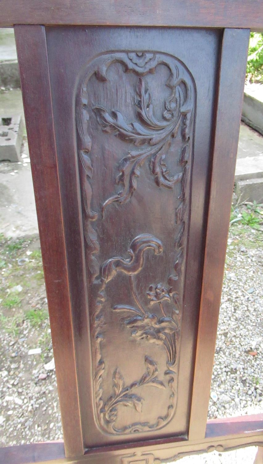 Pair of Chinese hardwood throne type armchairs, pierced back with leaf carved splat, brass nail - Image 4 of 4